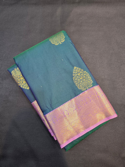 Peacock Blue Semi Silk Saree with Zari Paisley Buttas & Lavender Rich Pallu | Traditional Festive Saree