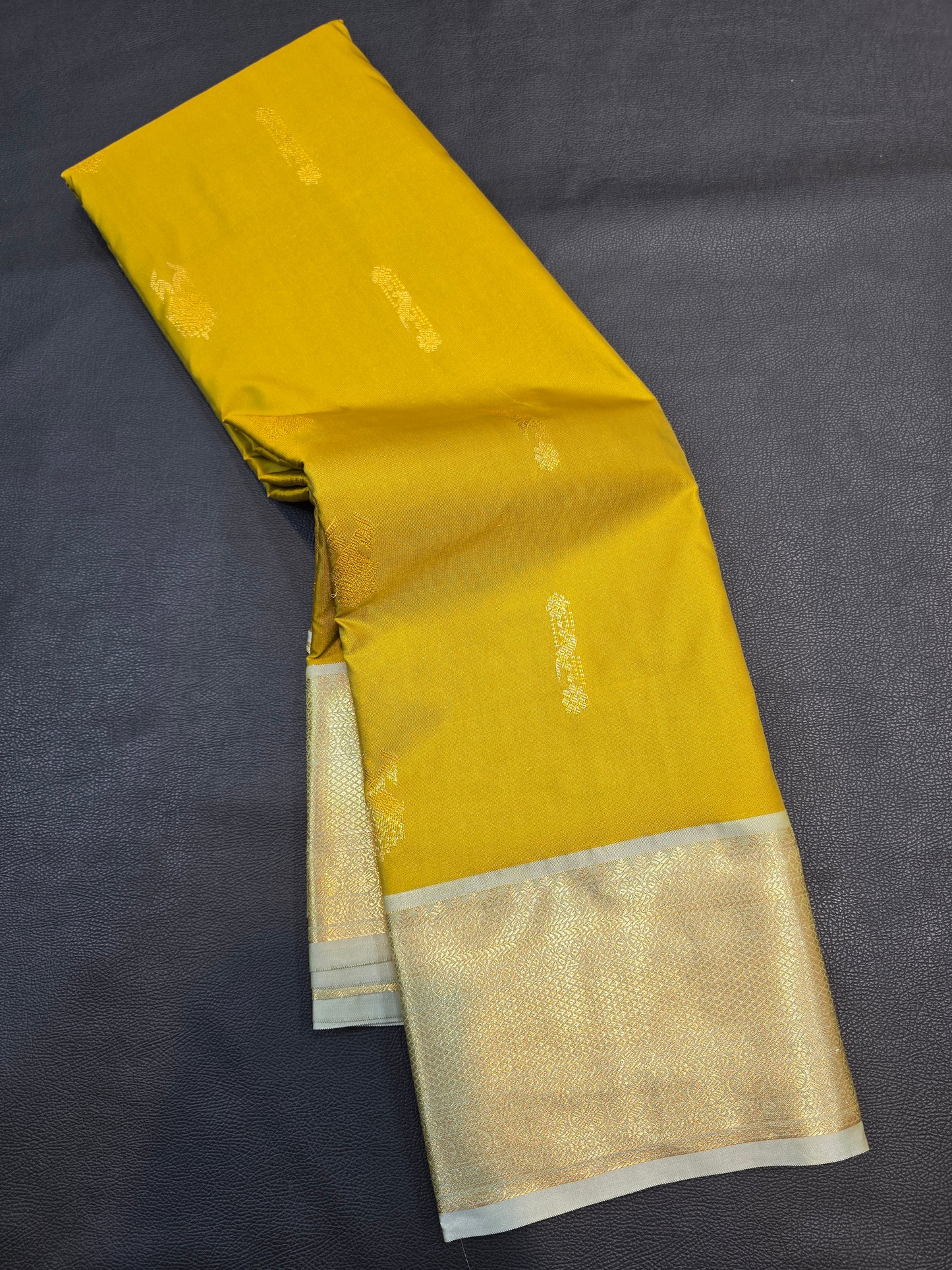 Olive Green Semi Silk Saree with Silver Zari Pallu & Peacock Buttas | Traditional Festive Saree