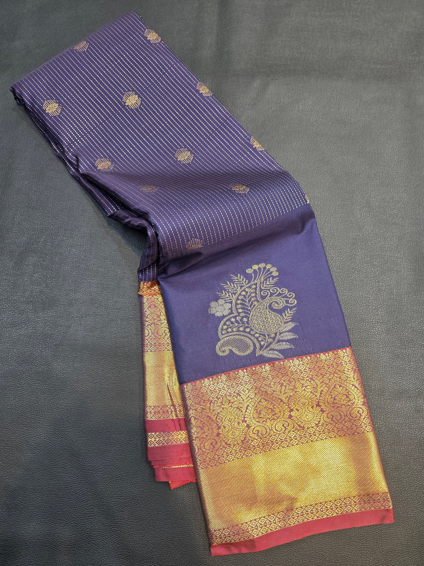 Navy Blue Semi Silk Saree with Maroon Korvai Zari Pallu | Traditional Wedding & Festive Saree