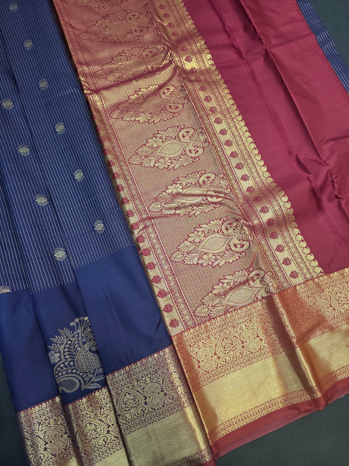 Navy Blue Semi Silk Saree with Maroon Korvai Zari Pallu | Traditional Wedding & Festive Saree