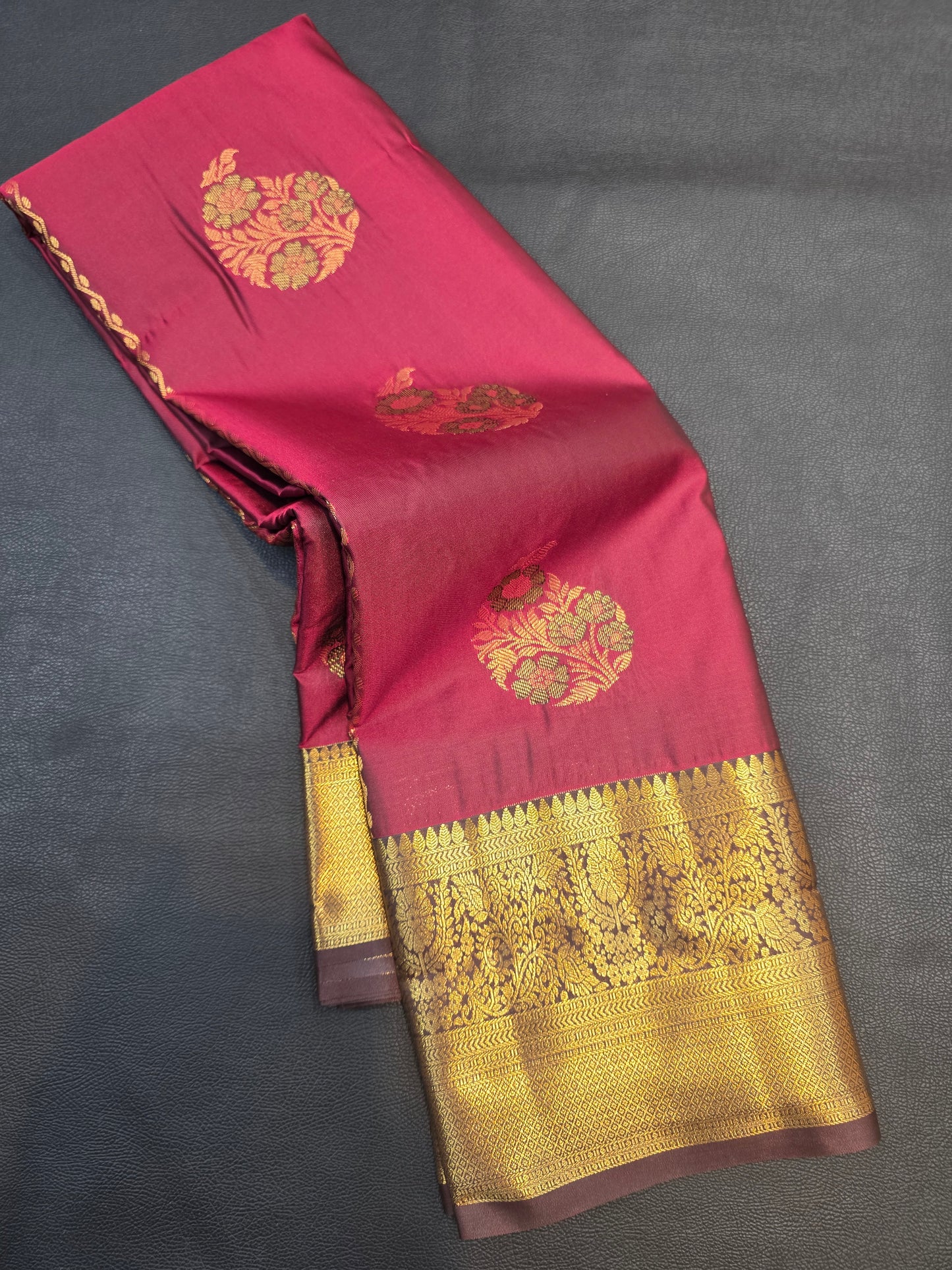 Wine Maroon Semi Silk Saree with Rich Gold Zari Border & Floral Buttas | Traditional Wedding Saree