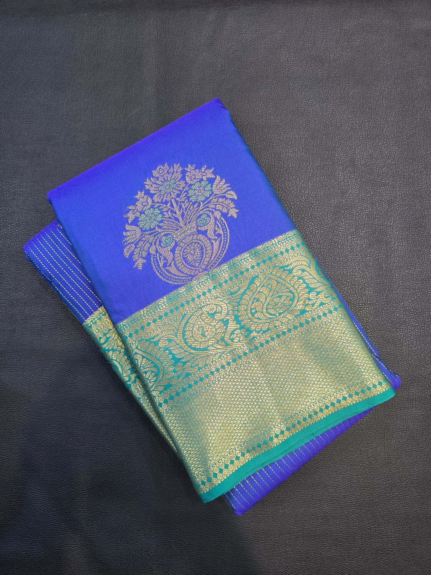 Royal Blue Semi Silk Saree with Turquoise Green Korvai Zari Pallu | Traditional Wedding Saree