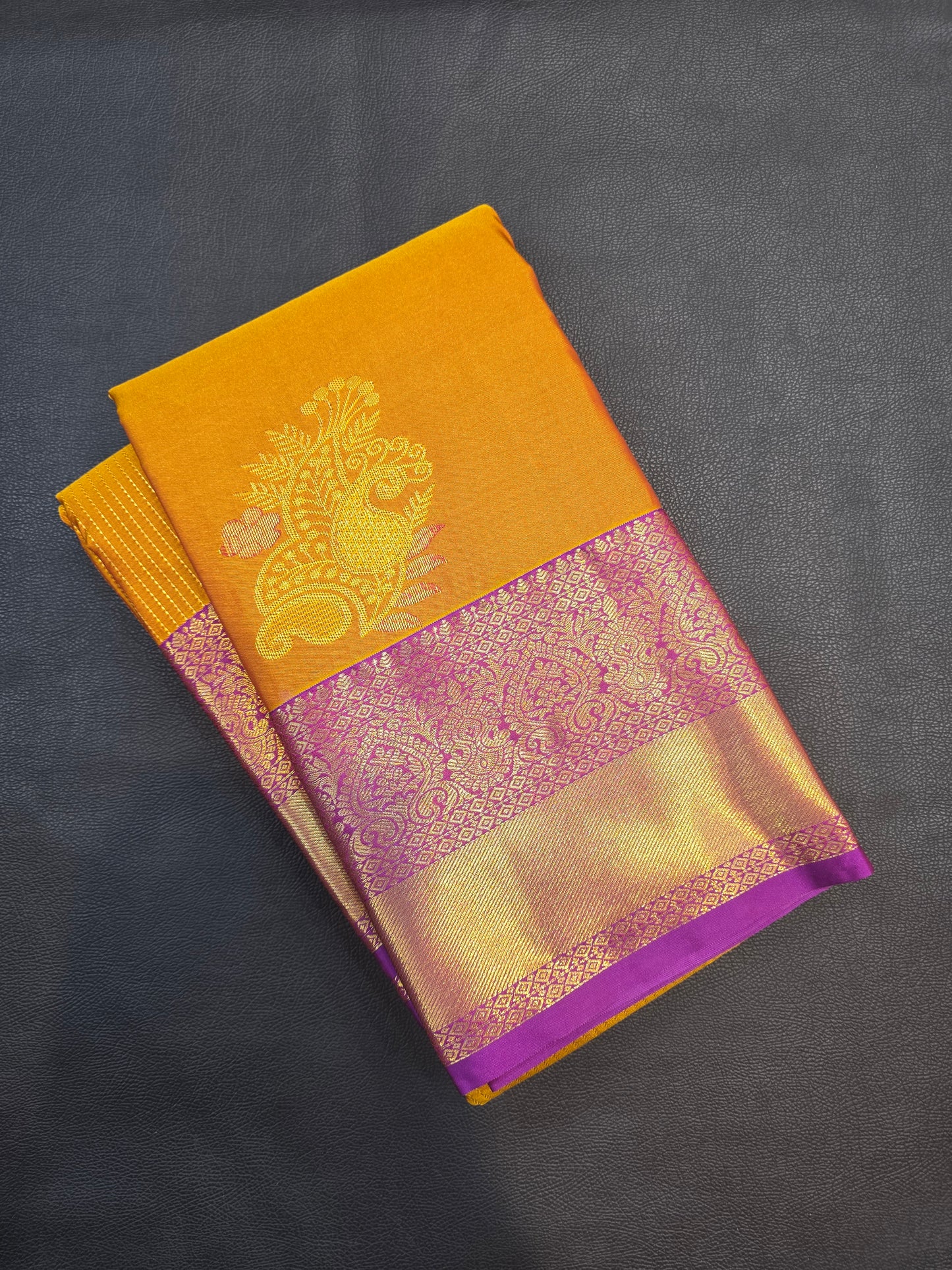 Mustard Gold Semi Silk Saree with Royal Purple Korvai Zari Pallu | Traditional Wedding Saree