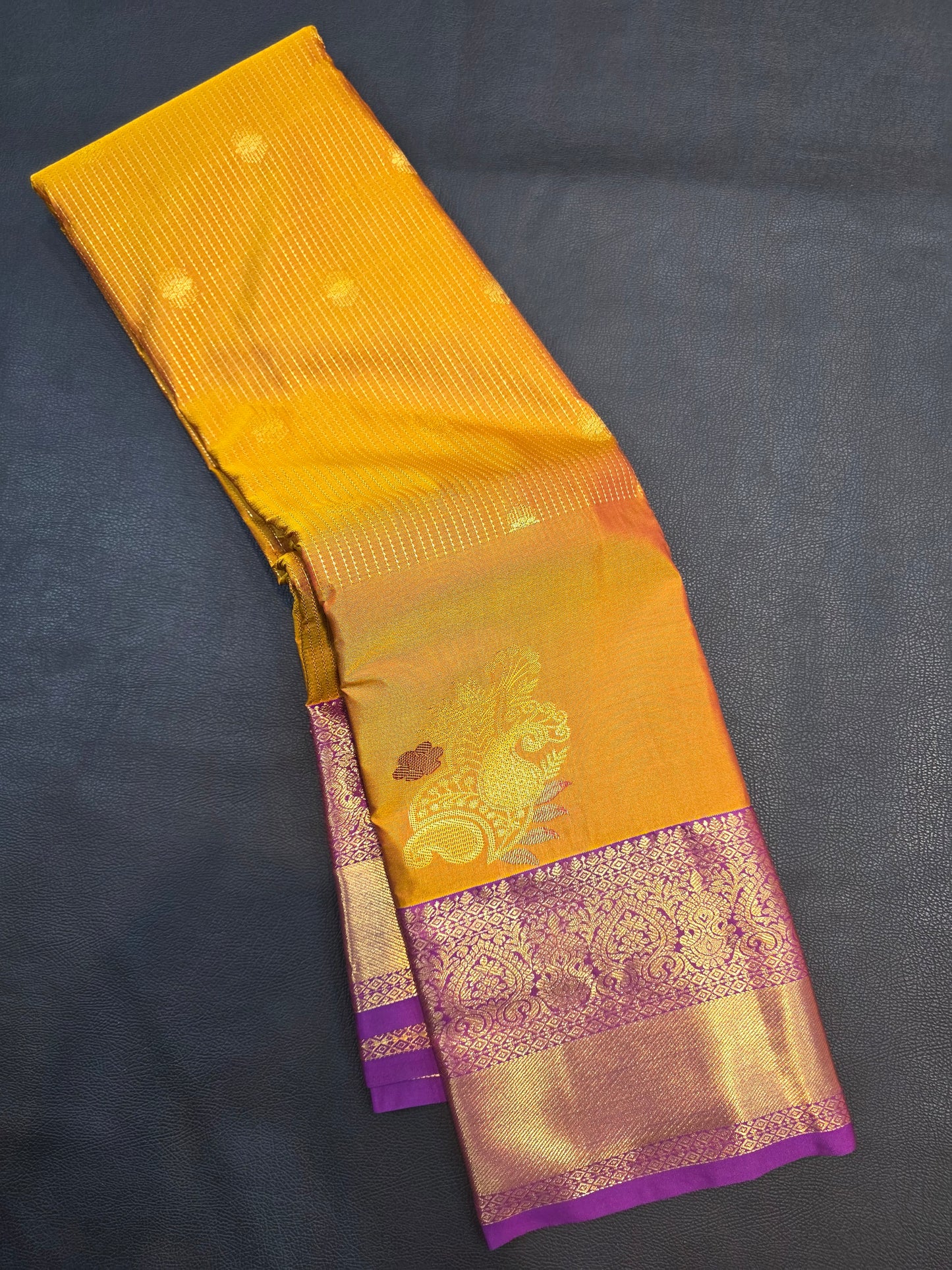 Mustard Gold Semi Silk Saree with Royal Purple Korvai Zari Pallu | Traditional Wedding Saree