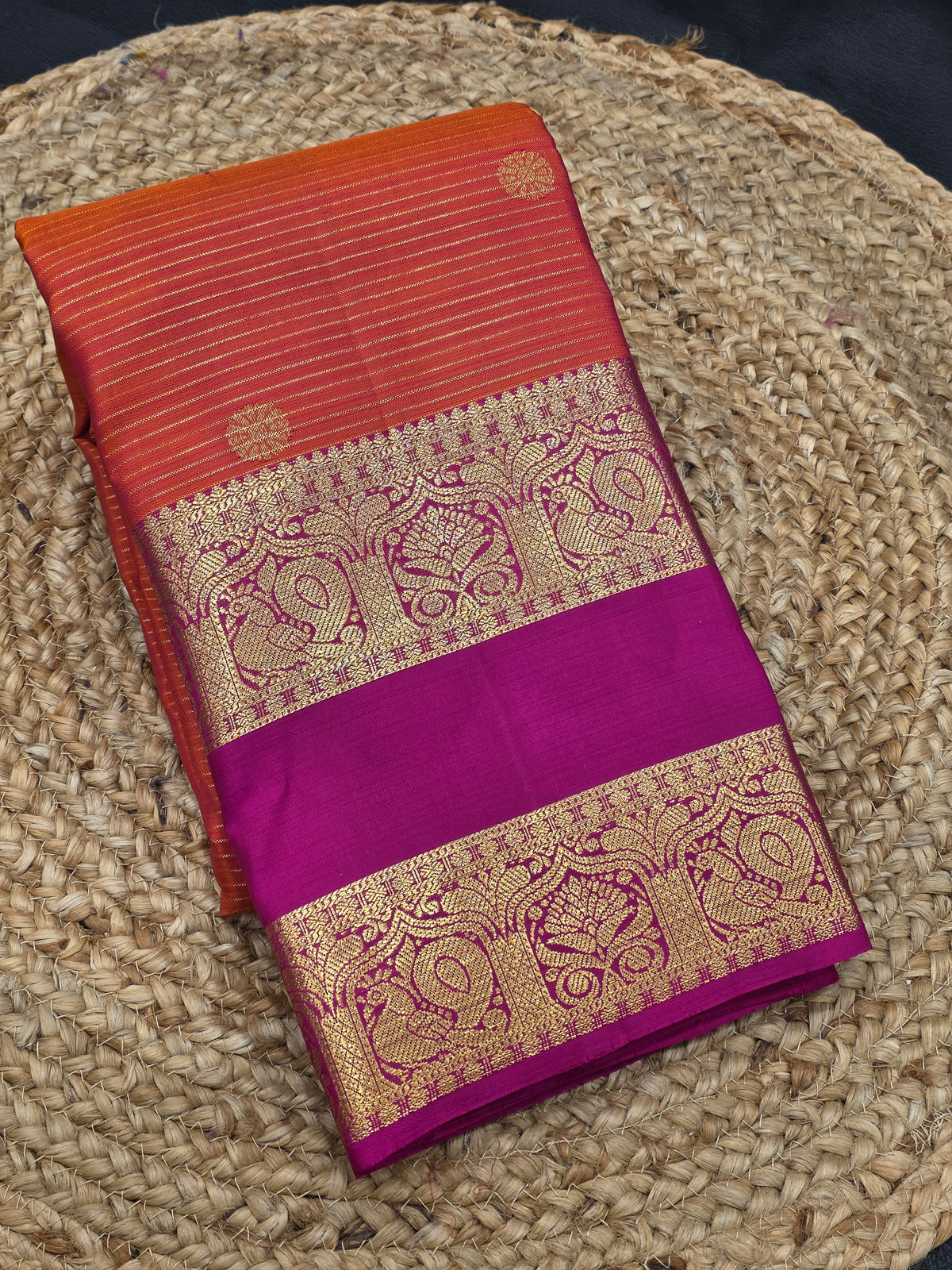 Orange & Magenta Pure Silk Saree with Rich Peacock Zari Border | Traditional Wedding Saree AA-000827