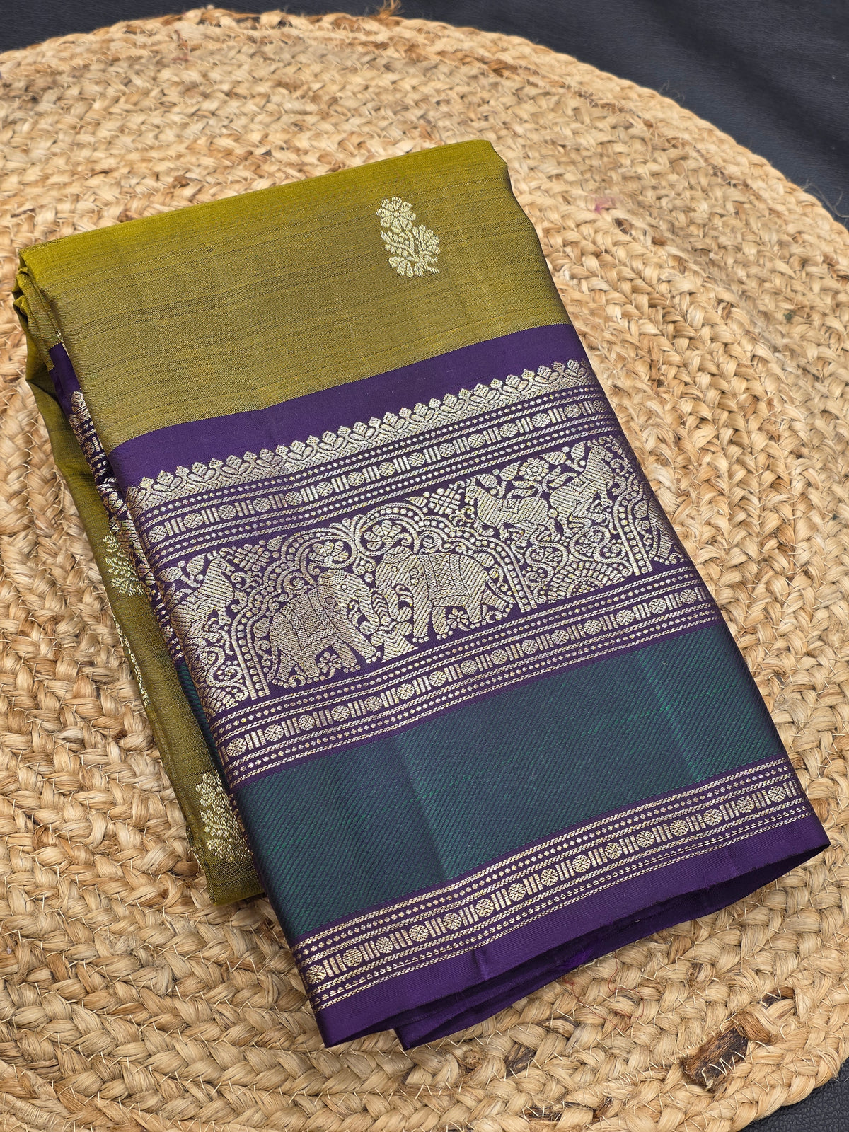 Olive Green Pure Silk Saree with Purple Elephant Zari Border | Traditional Wedding Saree AA-000942