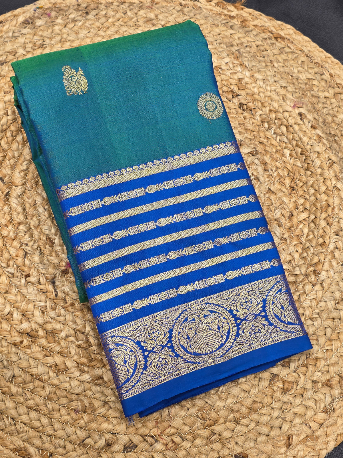 Peacock Green & Royal Blue Pure Silk Saree with Rich Zari Border | Traditional Wedding Saree AA-000911