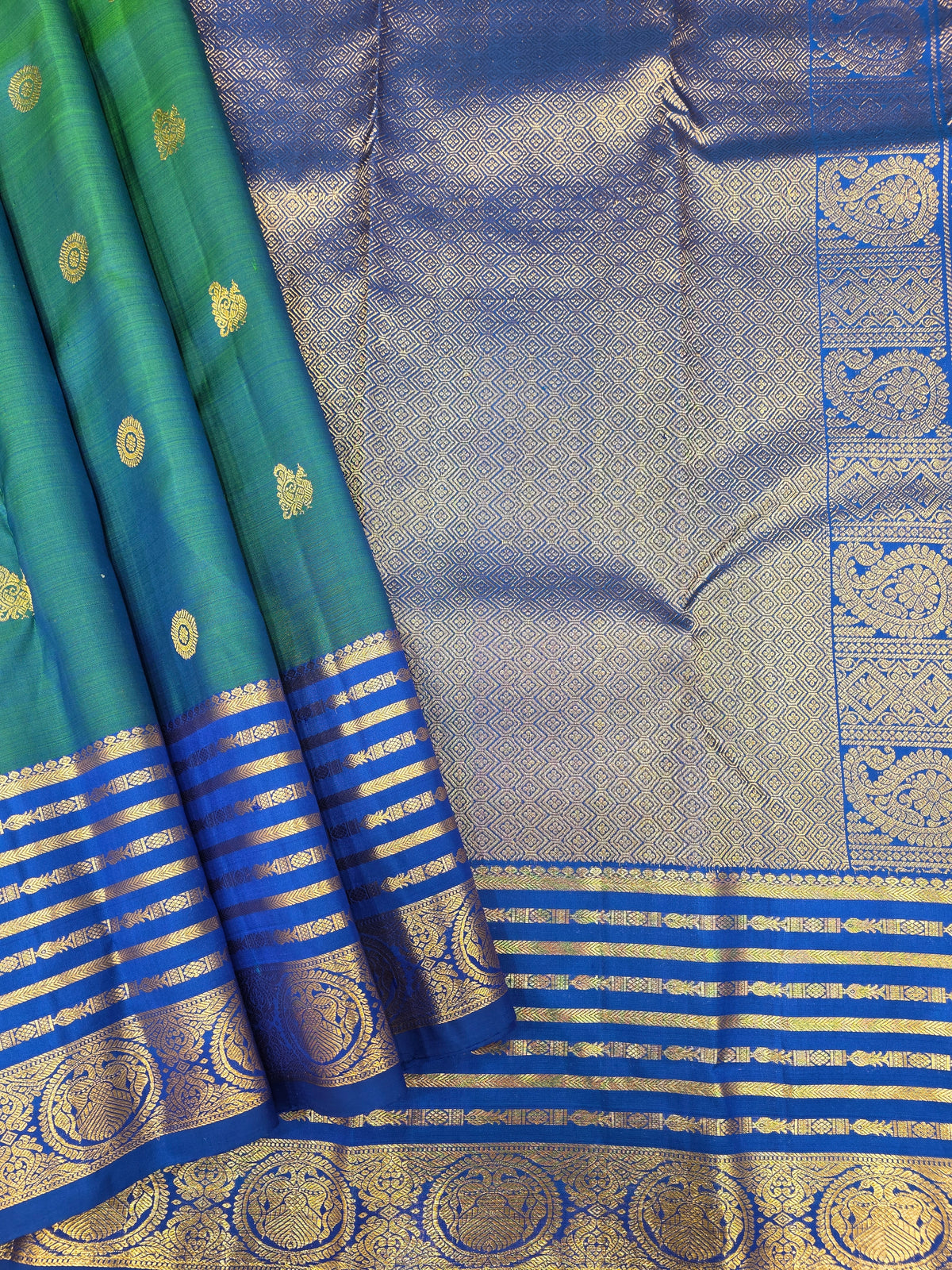 Peacock Green & Royal Blue Pure Silk Saree with Rich Zari Border | Traditional Wedding Saree AA-000911