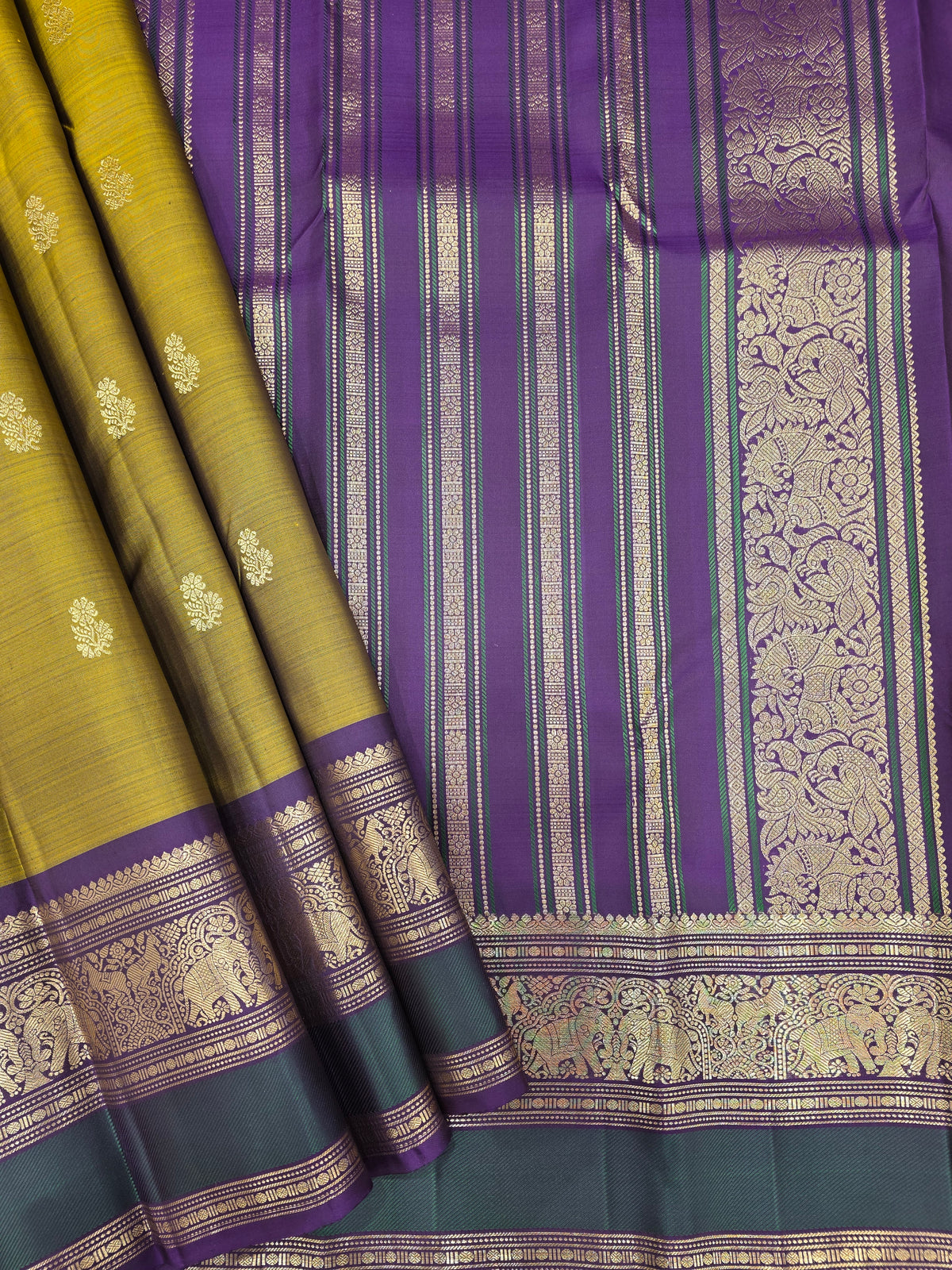 Olive Green Pure Silk Saree with Purple Elephant Zari Border | Traditional Wedding Saree AA-000942