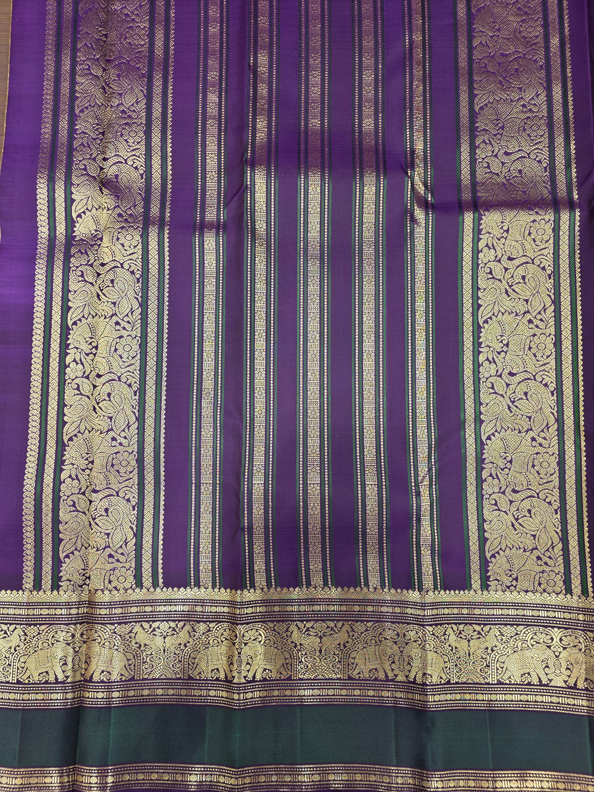 Olive Green Pure Silk Saree with Purple Elephant Zari Border | Traditional Wedding Saree AA-000942