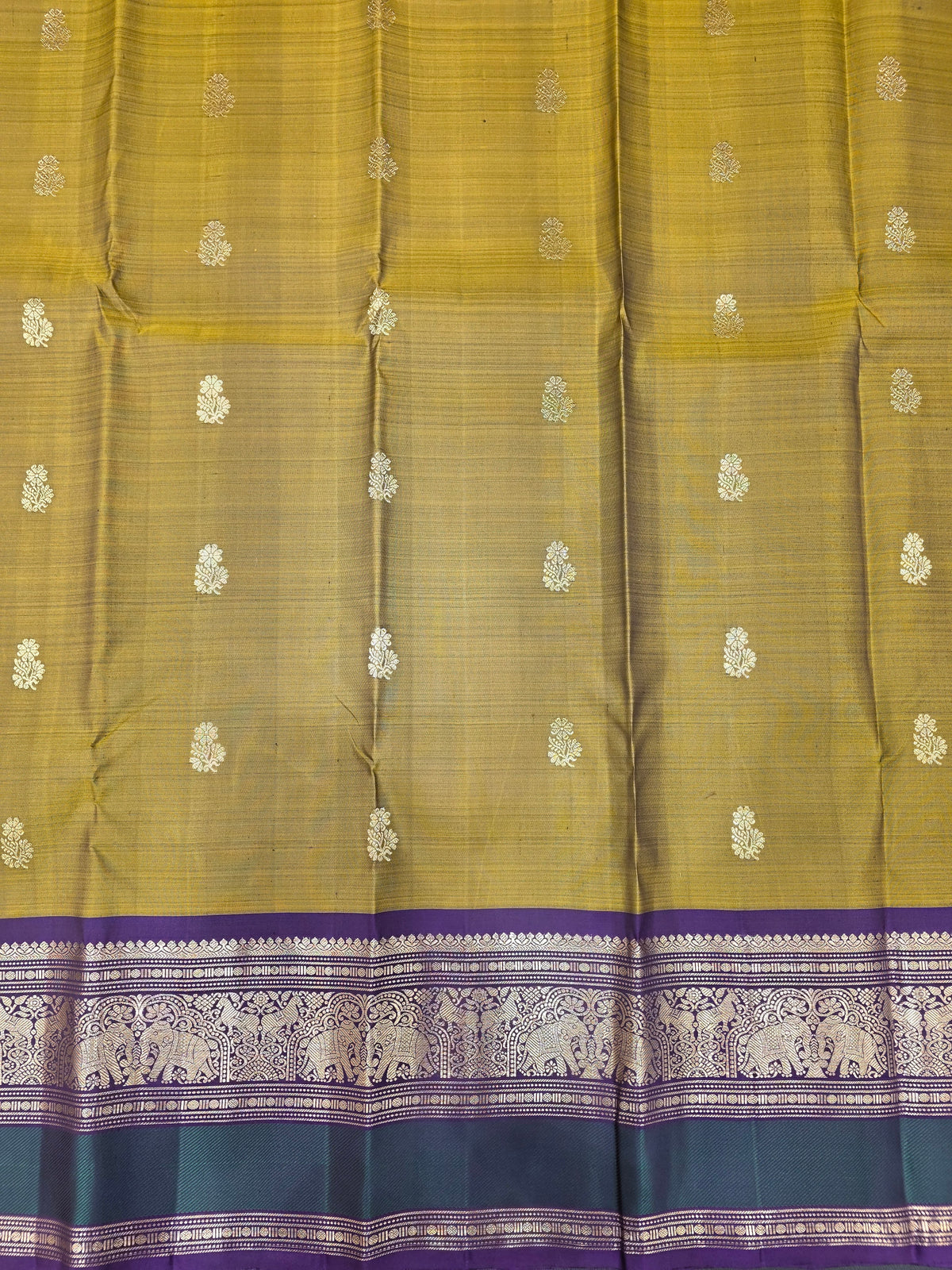 Olive Green Pure Silk Saree with Purple Elephant Zari Border | Traditional Wedding Saree AA-000942
