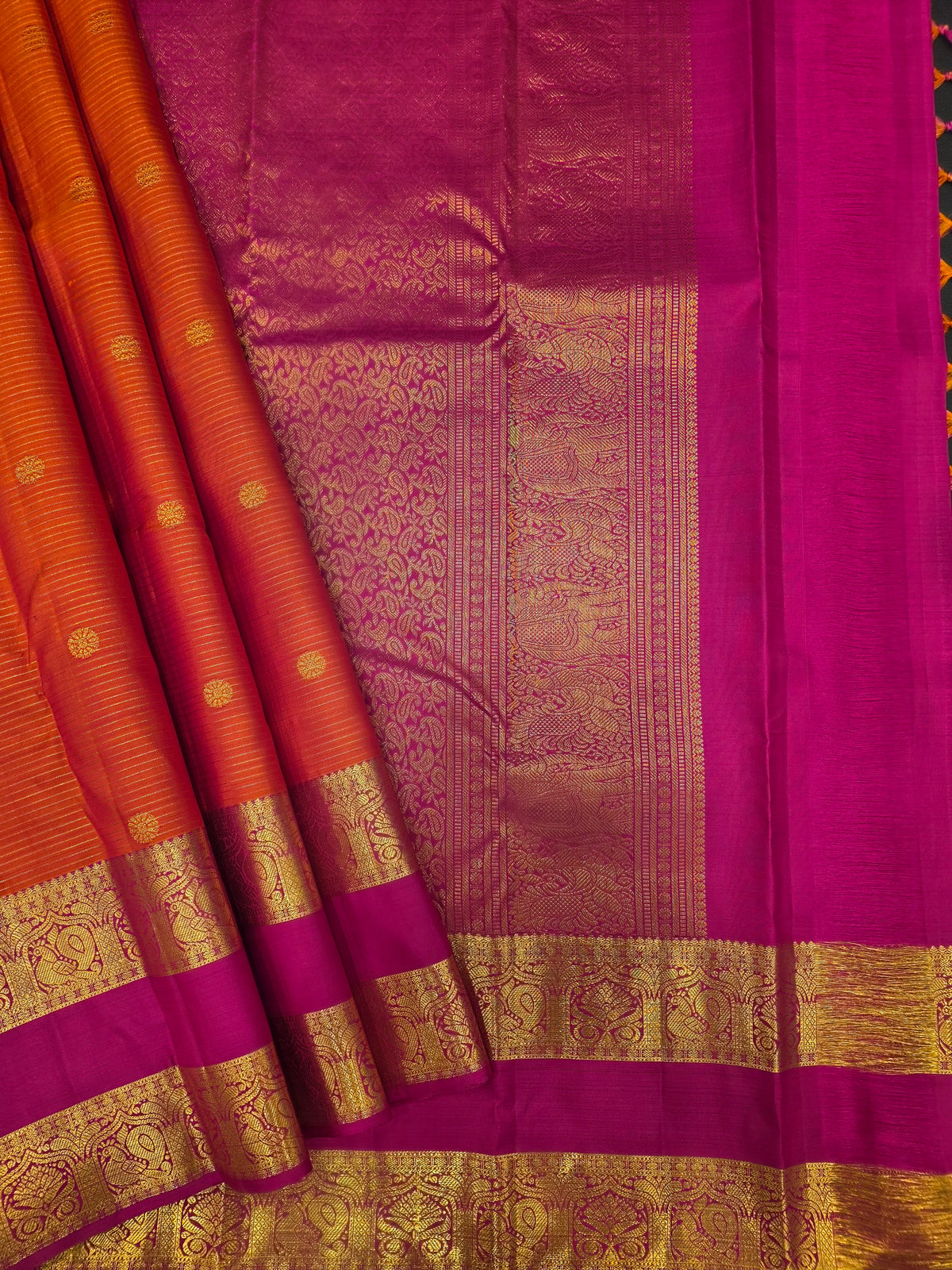 Orange & Magenta Pure Silk Saree with Rich Peacock Zari Border | Traditional Wedding Saree AA-000827