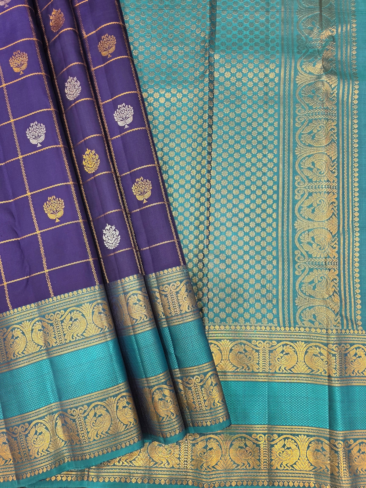 Royal Purple & Teal Pure Silk Saree with Peacock Zari Border | Traditional Wedding Saree AA-001834