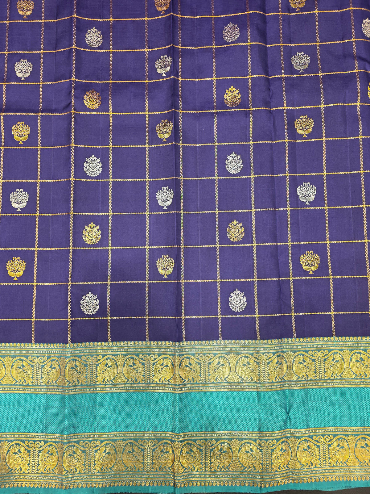 Royal Purple & Teal Pure Silk Saree with Peacock Zari Border | Traditional Wedding Saree AA-001834