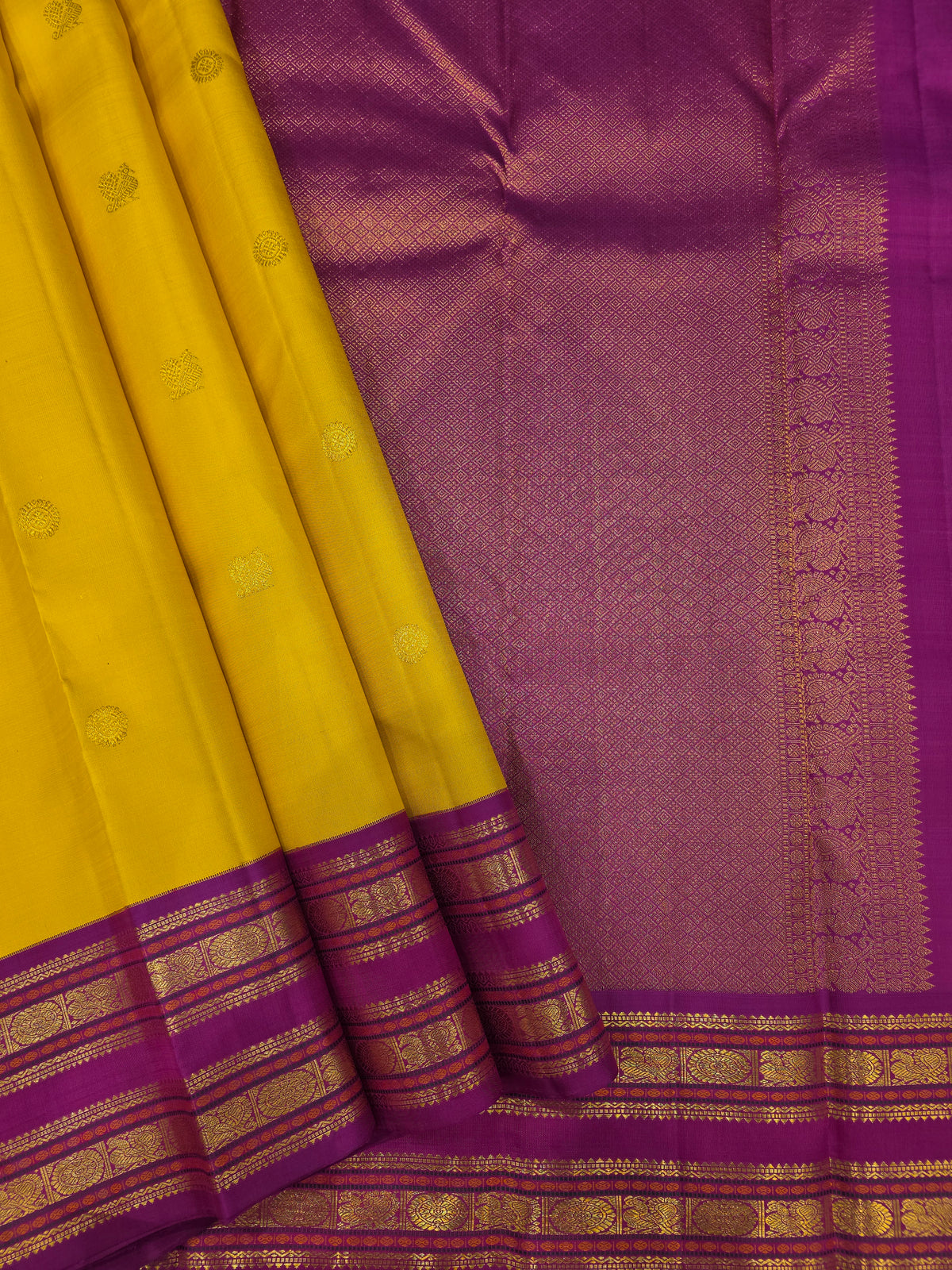 Mustard Yellow & Magenta Pure Silk Saree with Rich Zari Pallu | Traditional Wedding Saree AA-000225
