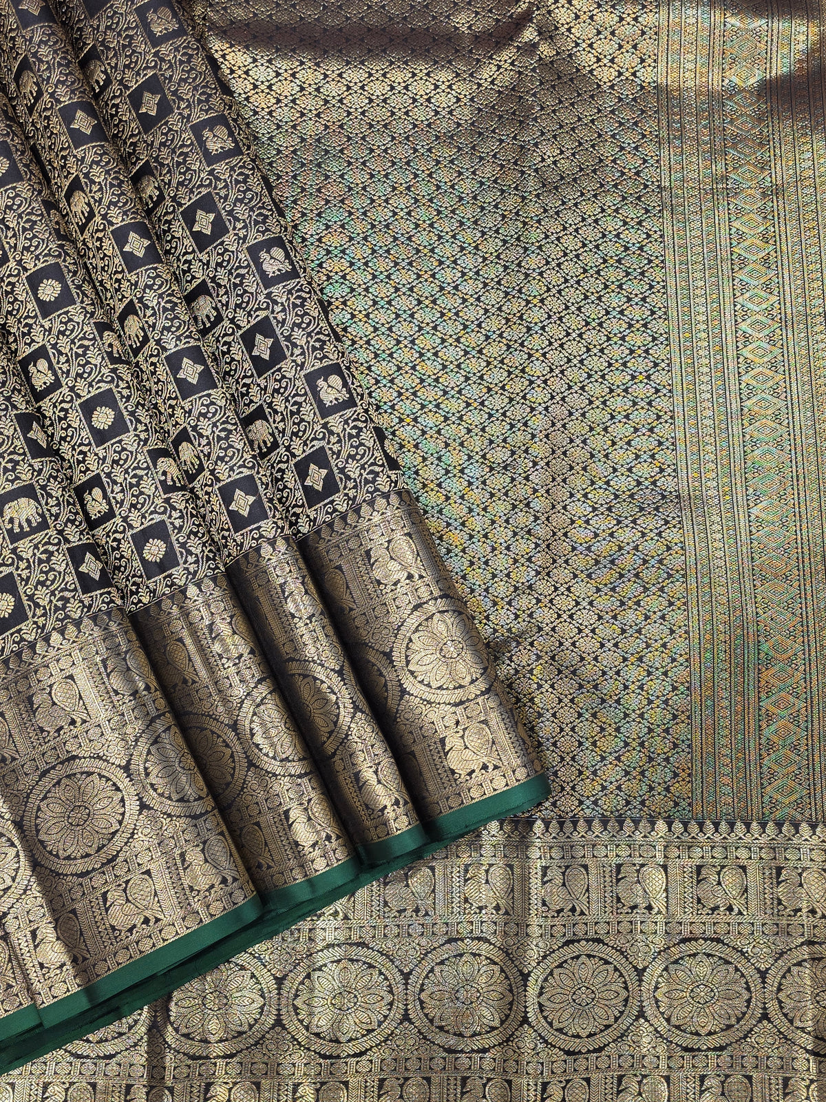 Bottle Green Pure Kanchipuram Silk Saree with Gold Zari Elephant & Floral Motifs | Bridal Saree AA-001587
