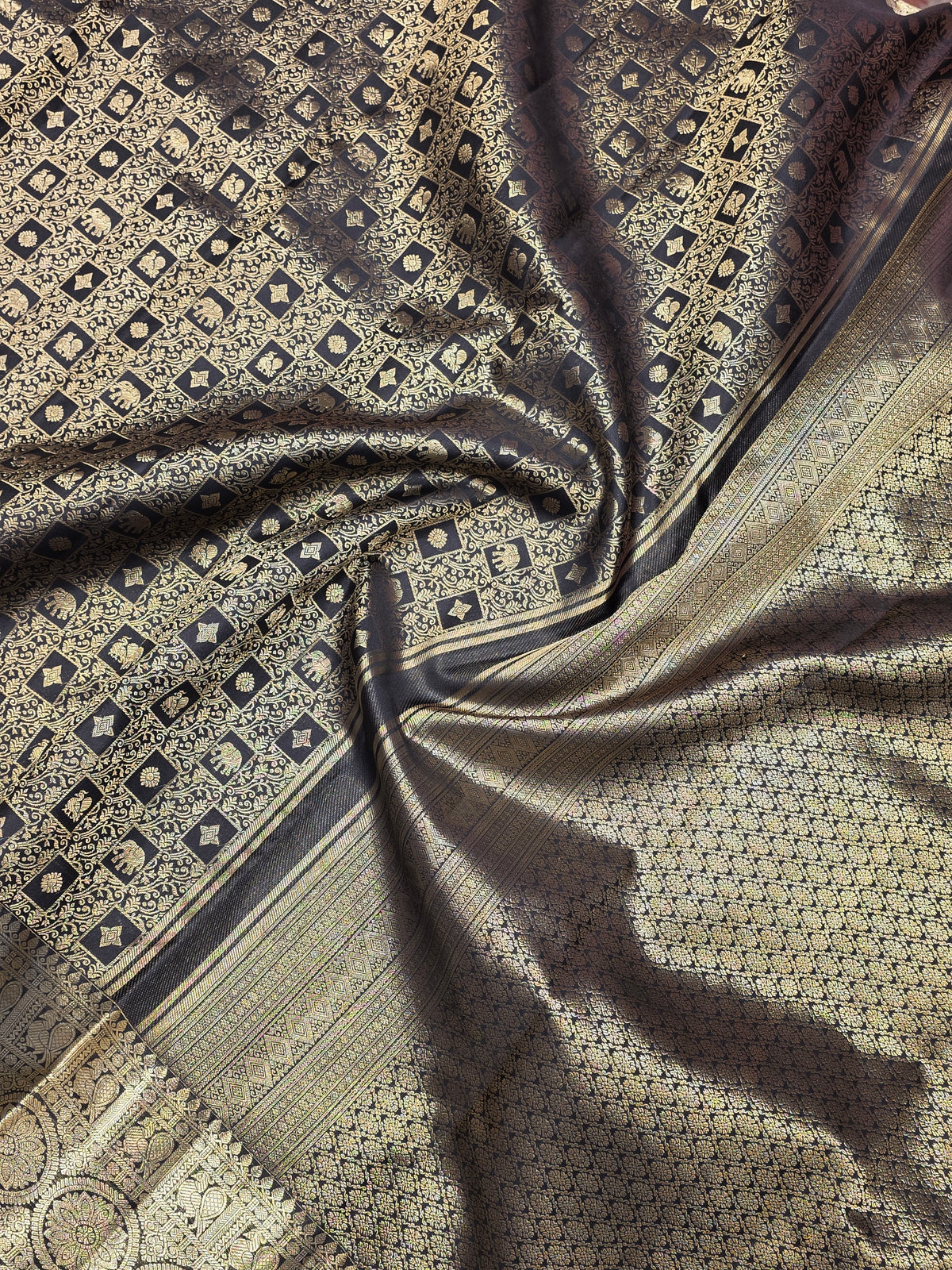 Bottle Green Pure Kanchipuram Silk Saree with Gold Zari Elephant & Floral Motifs | Bridal Saree AA-001587