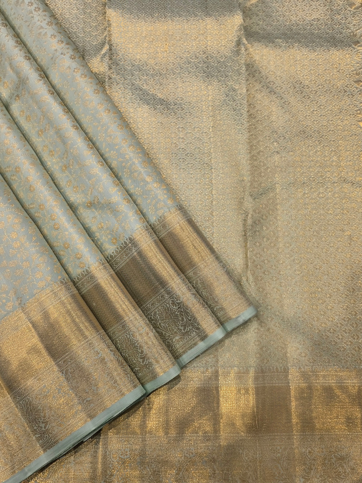 Ice Blue Pure Kanchipuram Silk Saree with Antique Gold Zari | Luxury Bridal Saree AA-001962