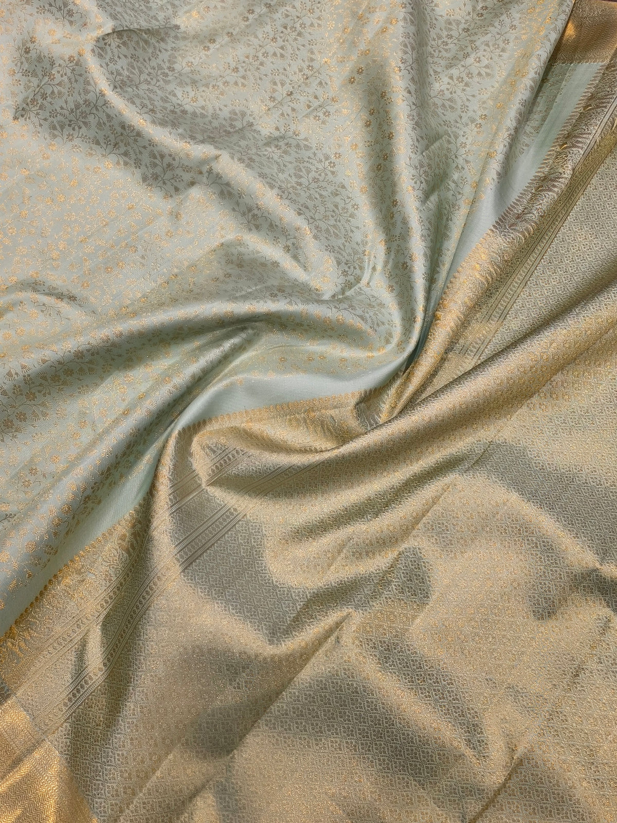 Ice Blue Pure Kanchipuram Silk Saree with Antique Gold Zari | Luxury Bridal Saree AA-001962