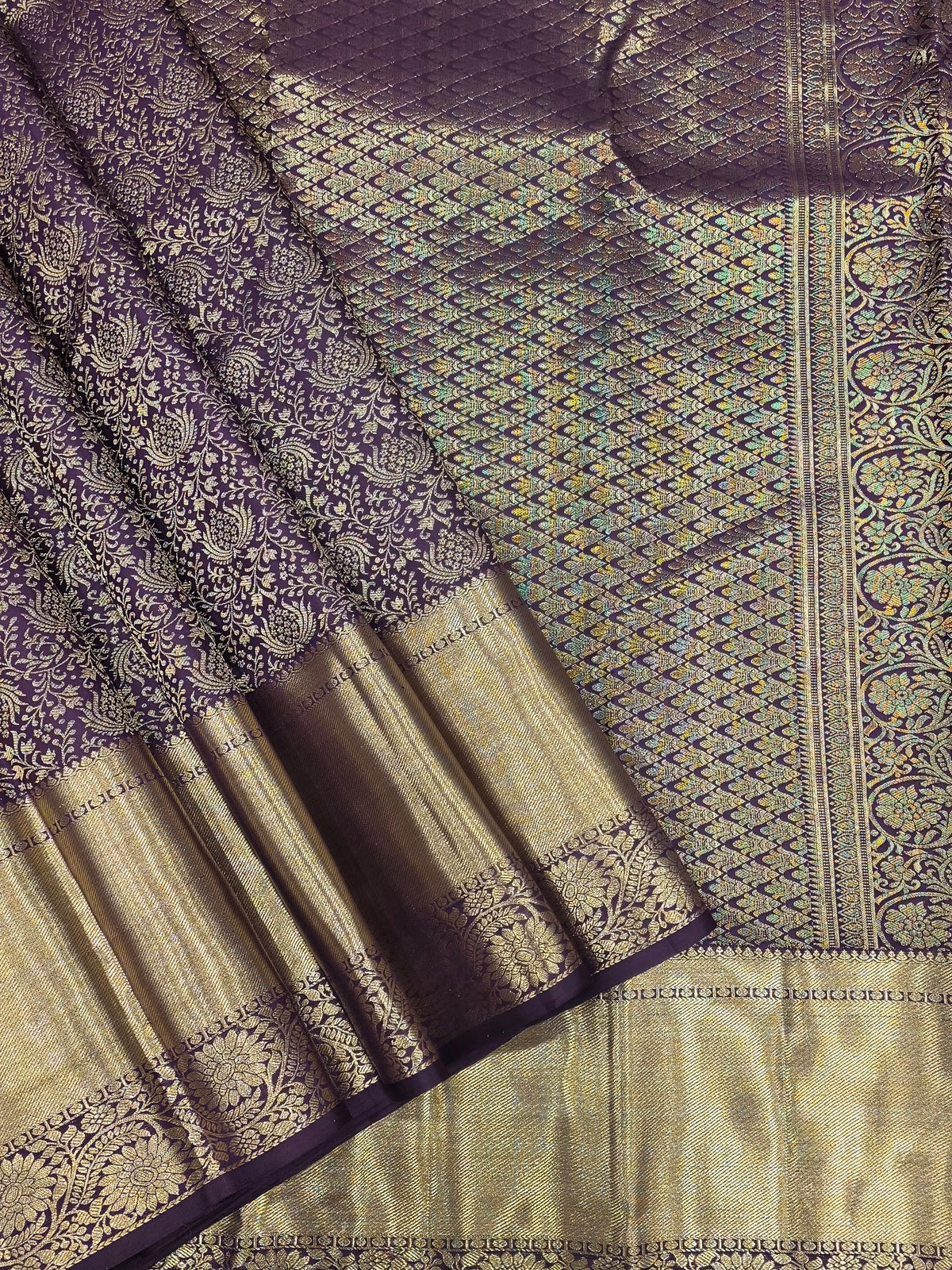 Royal Purple Pure Kanchipuram Silk Saree with Gold Zari Floral Weave | Bridal Saree AA-001932