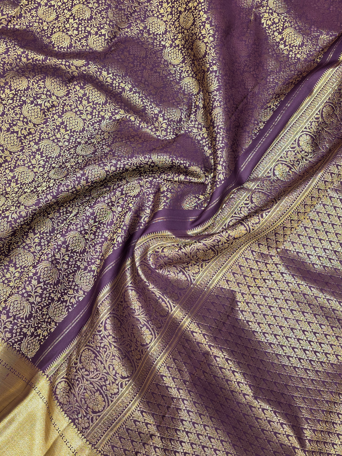 Royal Purple Pure Kanchipuram Silk Saree with Gold Zari Floral Weave | Bridal Saree AA-001932