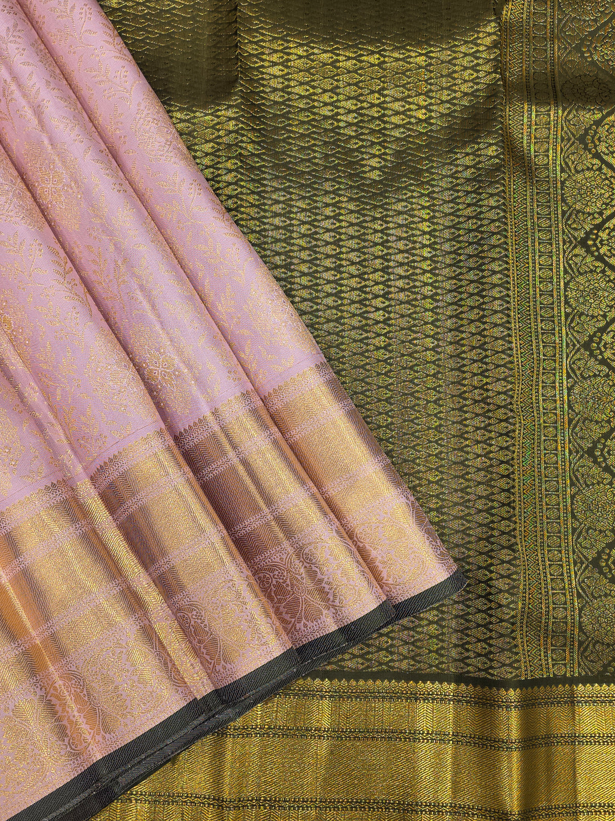Pastel Pink Pure Kanchipuram Silk Saree with Black Gold Zari Pallu | Bridal Saree AA-001956