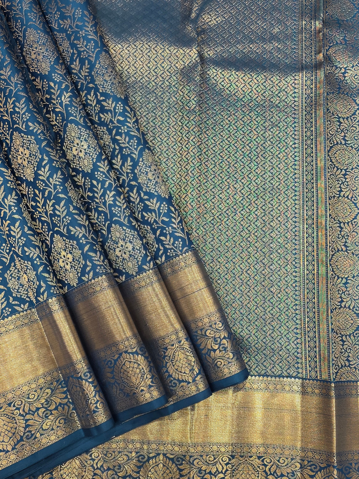 Royal Teal Blue Pure Kanchipuram Silk Saree with Antique Gold Zari Border | Bridal Saree AA-001924