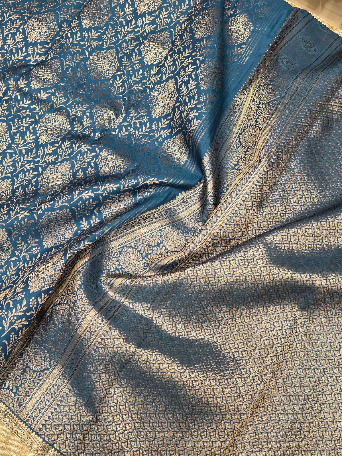 Royal Teal Blue Pure Kanchipuram Silk Saree with Antique Gold Zari Border | Bridal Saree AA-001924