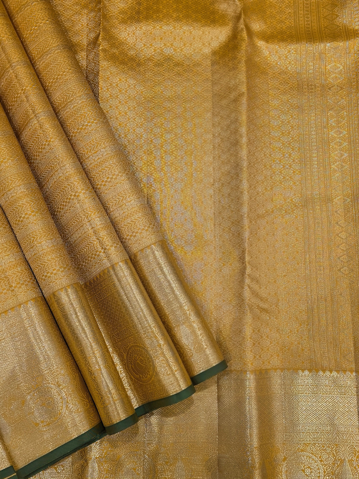 Golden Yellow Pure Kanchipuram Silk Saree with Rich Zari & Green Border | Bridal Saree AA-001590