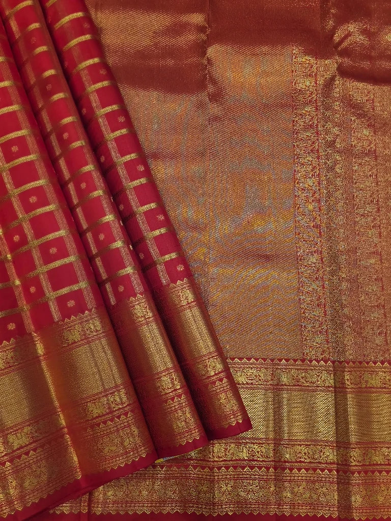 Royal Red Checks Pure Kanchipuram Silk Saree with Rich Gold Zari Temple Border | Traditional Bridal Saree