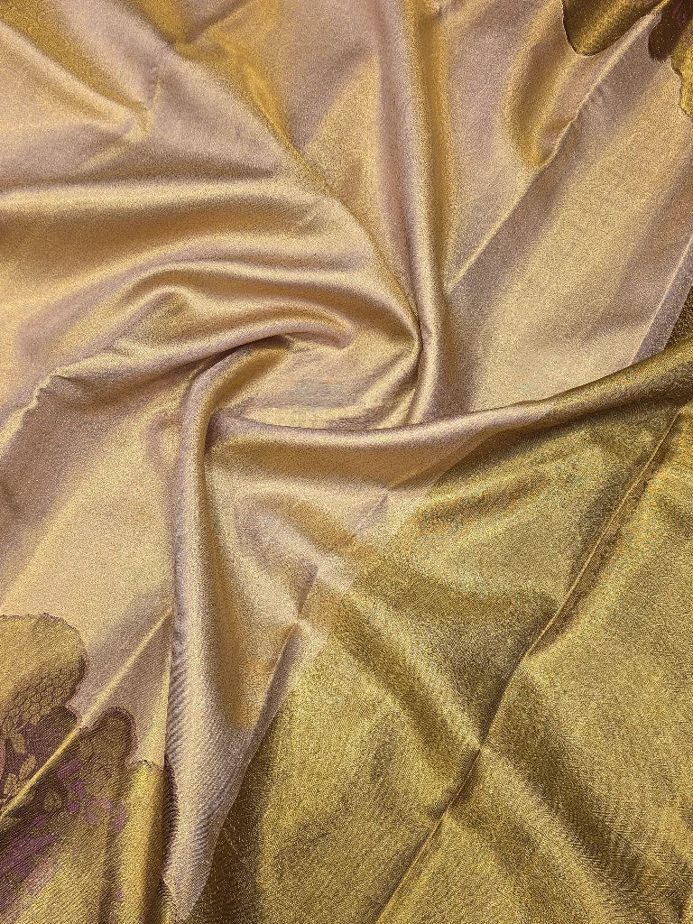 Champagne Gold Pure Kanchipuram Silk Saree with Antique Gold Zari Floral Border | Luxury Bridal Saree