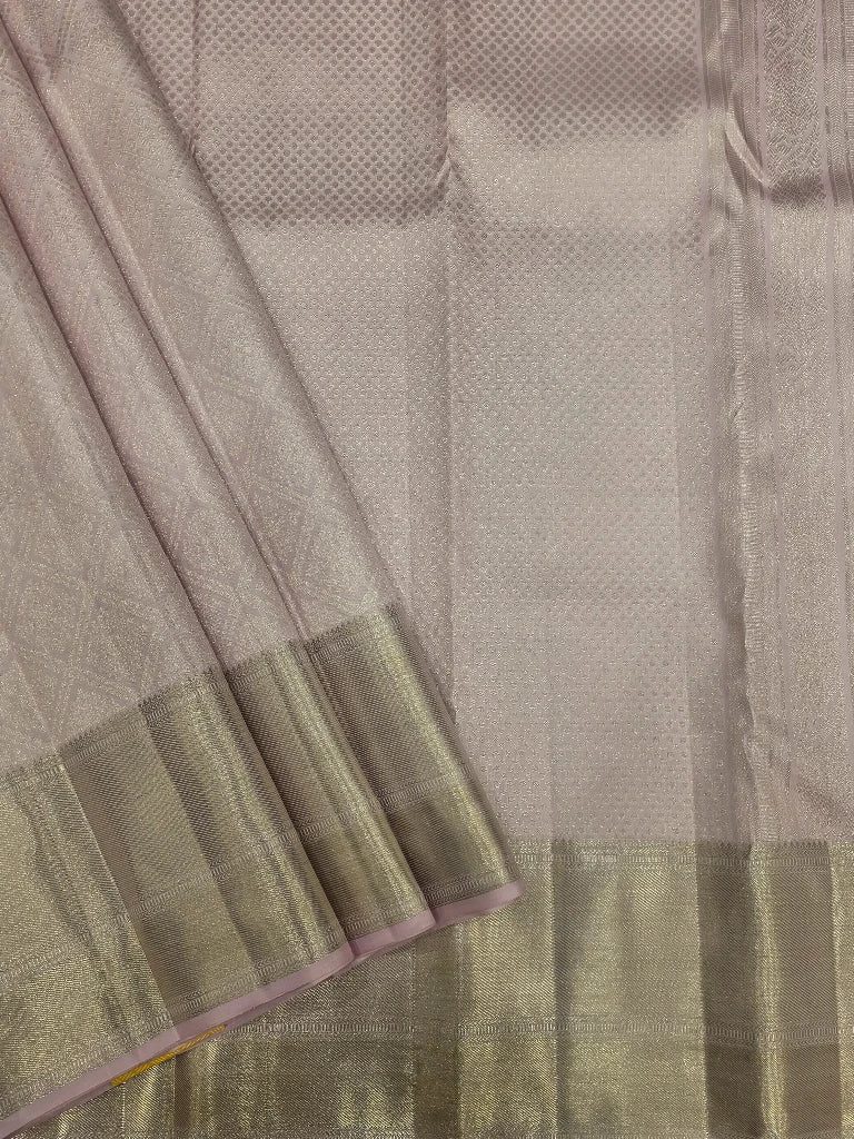 Pastel Pink Pure Kanchipuram Silk Saree with Silver Zari Border & Rich Traditional Pallu