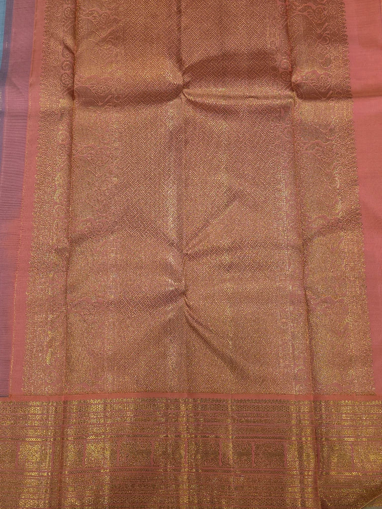 Ice Blue & Coral Pure Kanchipuram Silk Saree with Deer Zari Motifs | Bridal Saree