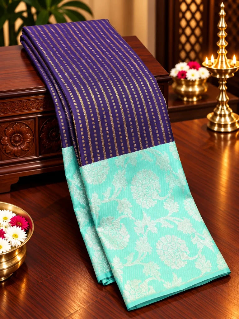 Royal Purple & Aqua Blue Pure Kanchipuram Silk Saree with Silver Zari Floral Border | Traditional Bridal Saree