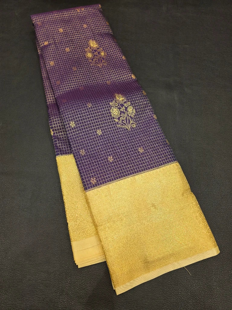 Royal Purple Semi Kanchipuram Silk Saree with Rich Gold Zari Border & Grand Golden Pallu