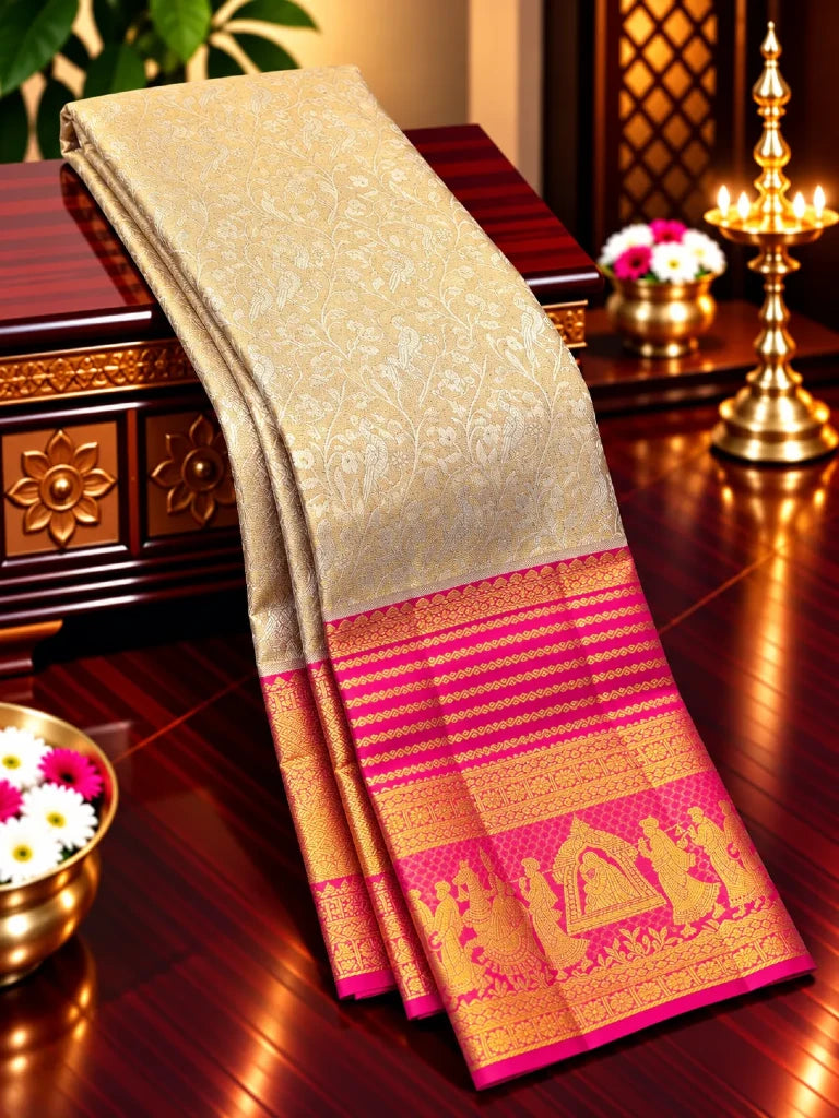 Silver Grey Floral Pure Kanchipuram Silk Saree with Magenta Gold Zari Border | Traditional Bridal Saree