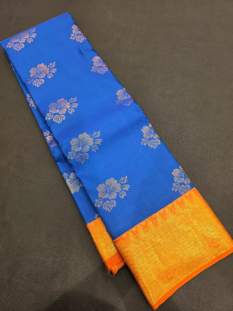 Royal Blue Semi Kanchipuram Silk Saree with Orange Gold Zari Border & Rich Brocade Pallu