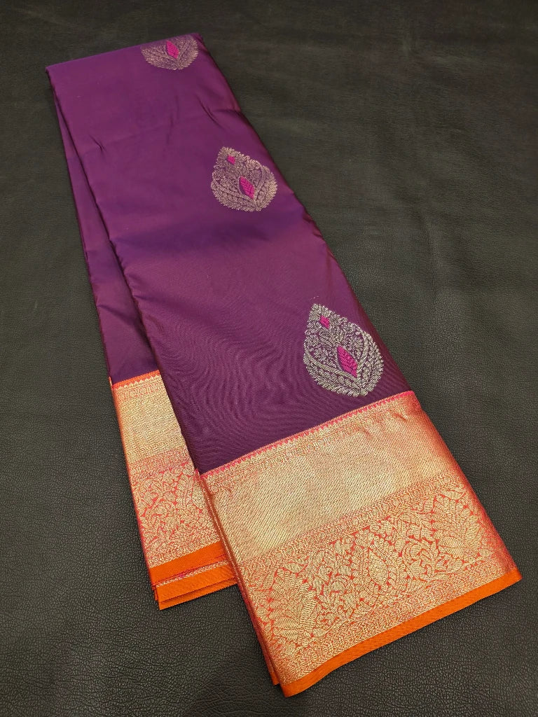 Deep Purple Semi Kanchipuram Silk Saree with Orange Gold Zari Border & Rich Traditional Pallu