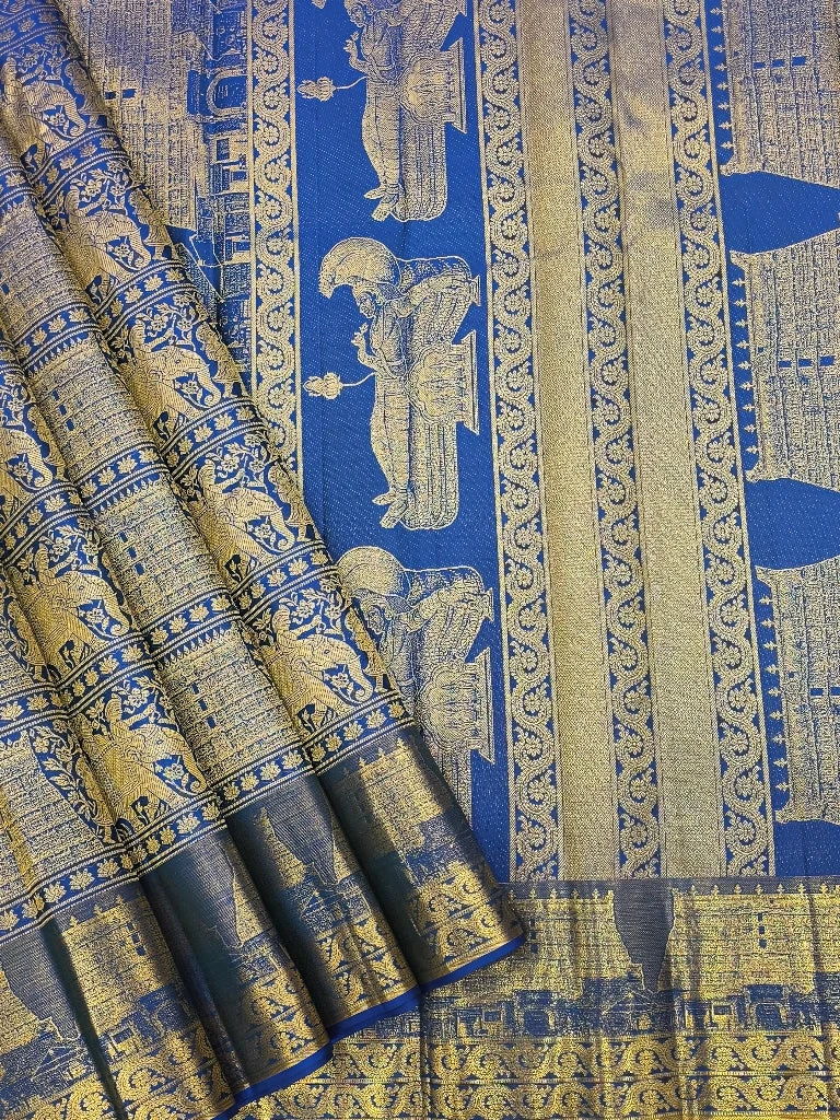 Royal Blue Heritage Temple Pure Kanchipuram Silk Saree with Gold Zari Border | Traditional Bridal Saree