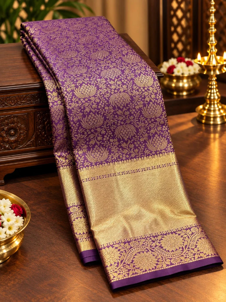 Royal Purple Pure Kanchipuram Silk Saree with Gold Zari Floral Weave | Bridal Saree
