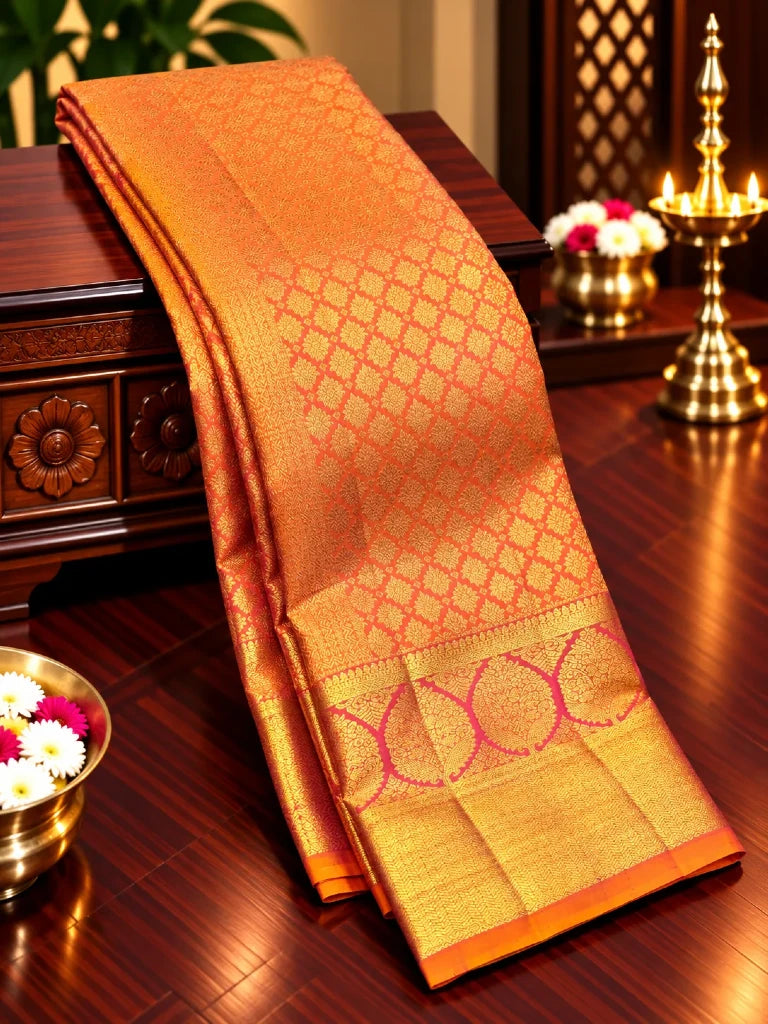 Royal Copper Rose Pink Pure Kanchipuram Silk Saree with Rich Gold Zari Border | Traditional Bridal Saree