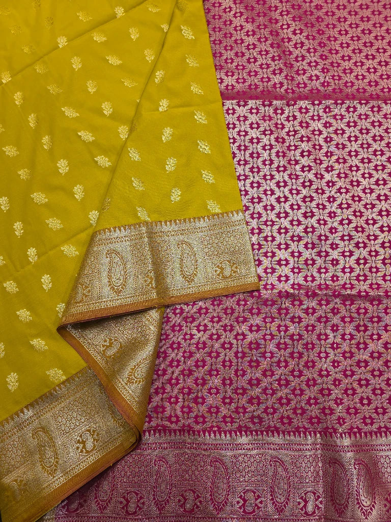 Mustard Yellow Semi Kanchipuram Silk Saree with Gold Zari Border & Rani Pink Floral Brocade Pallu