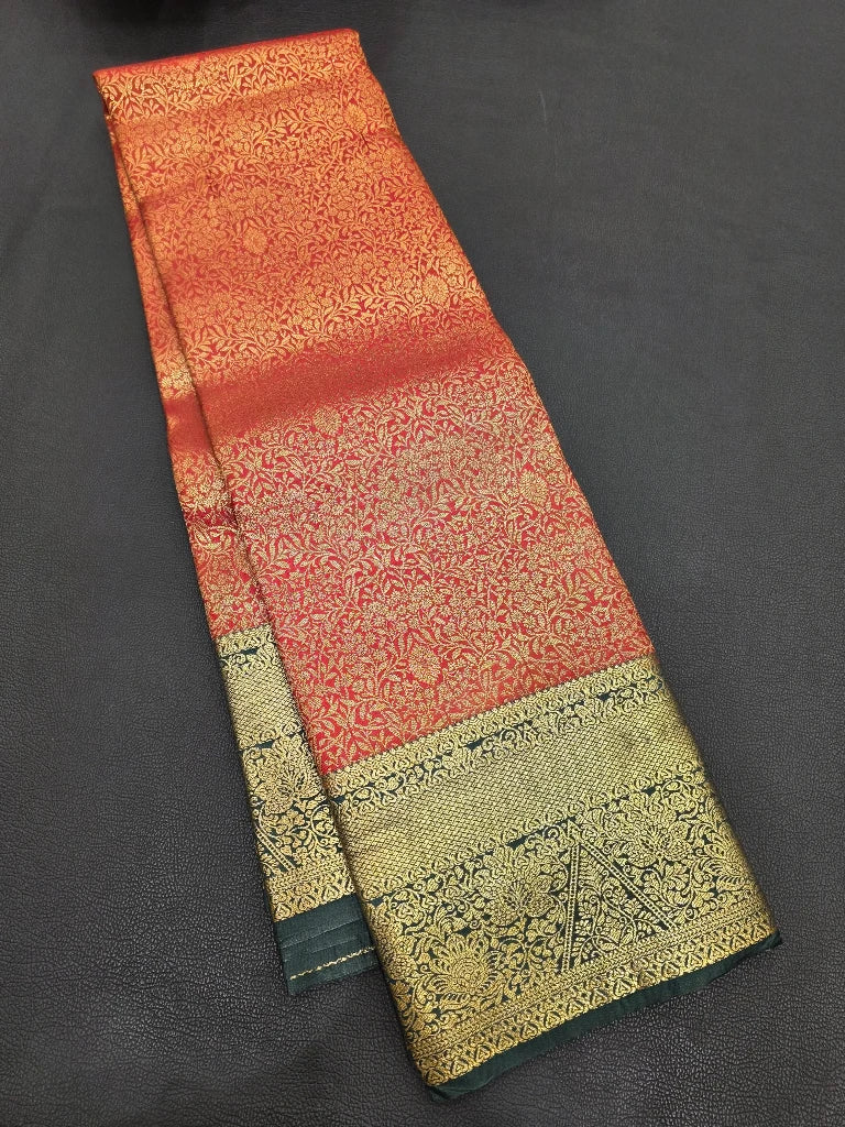 Coral Pink Semi Kanchipuram Silk Saree with Peacock Blue Contrast Border & Rich Gold Zari Pallu