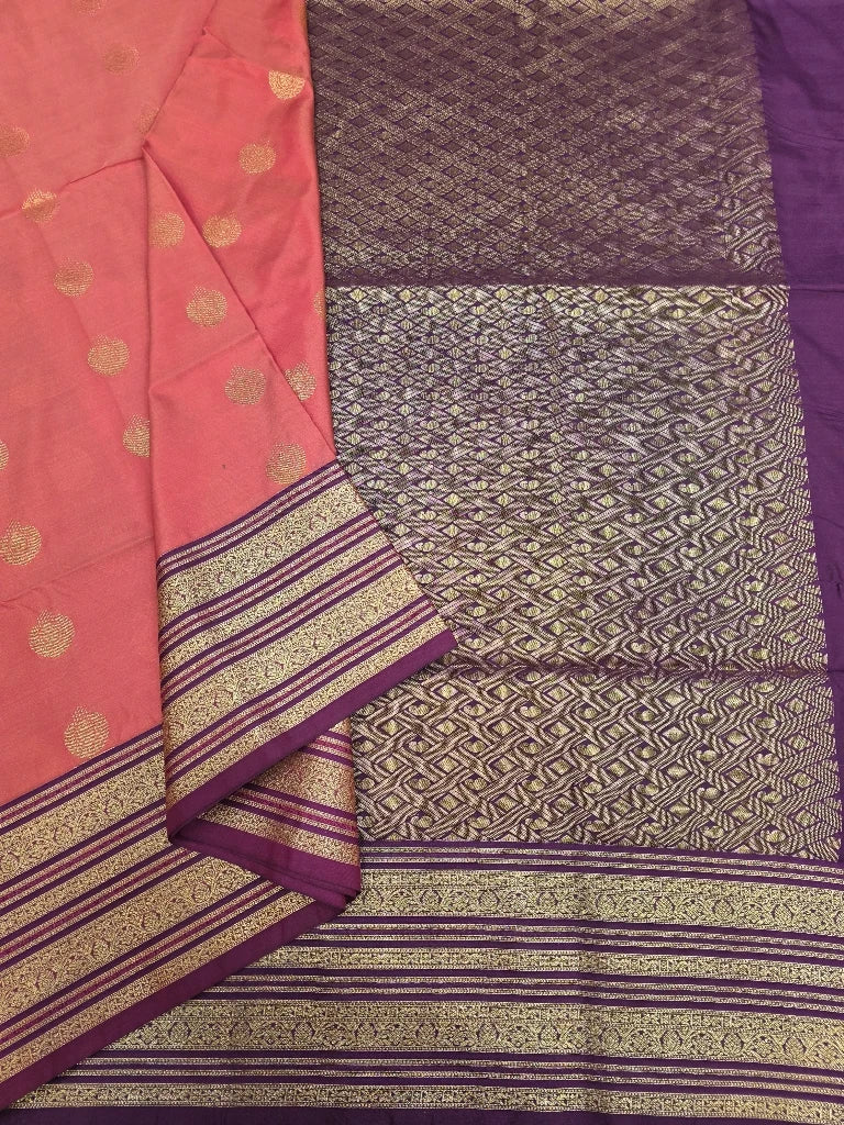 Coral Pink Semi Kanchipuram Silk Saree with Purple Gold Zari Border & Rich Pallu