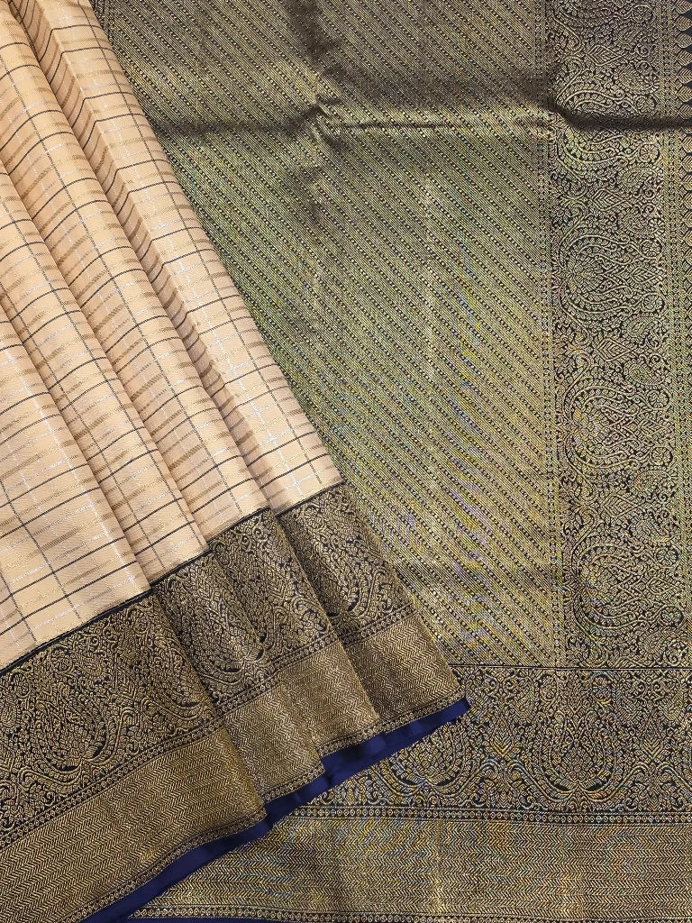 Royal Ivory Checks Pure Kanchipuram Silk Saree with Navy Blue Contrast Border & Antique Gold Zari | Bridal Silk
