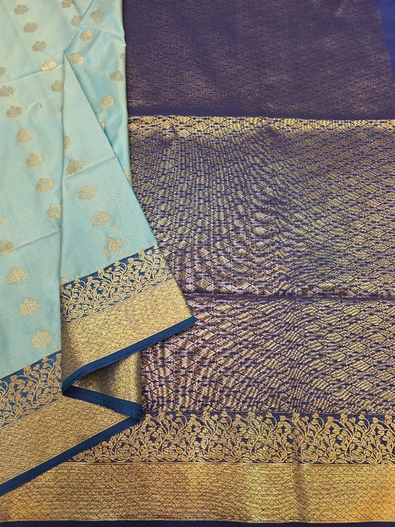Pastel Aqua Blue Semi Kanchipuram Silk Saree with Navy Blue Gold Zari Border & Rich Brocade Pallu