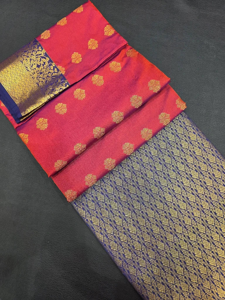 Coral Red Semi Kanchipuram Silk Saree with Navy Blue Gold Zari Border & Rich Brocade Pallu