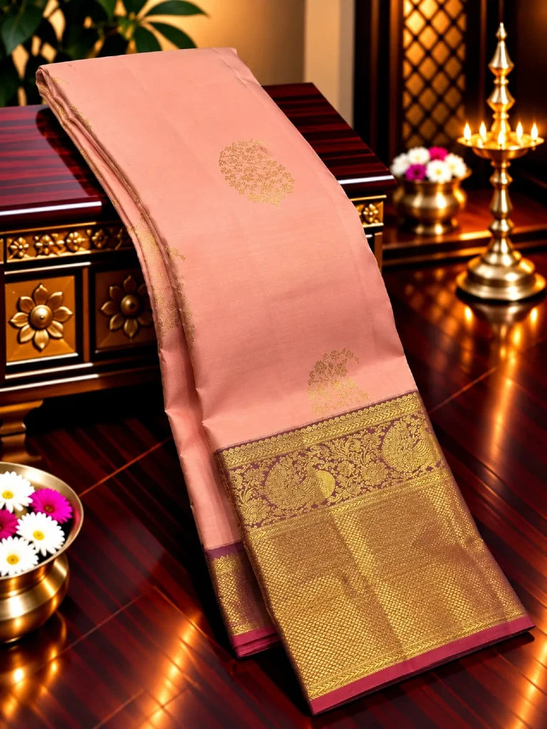 Baby Pink Pure Kanchipuram Silk Saree with Maroon Gold Zari Border | Bridal Saree