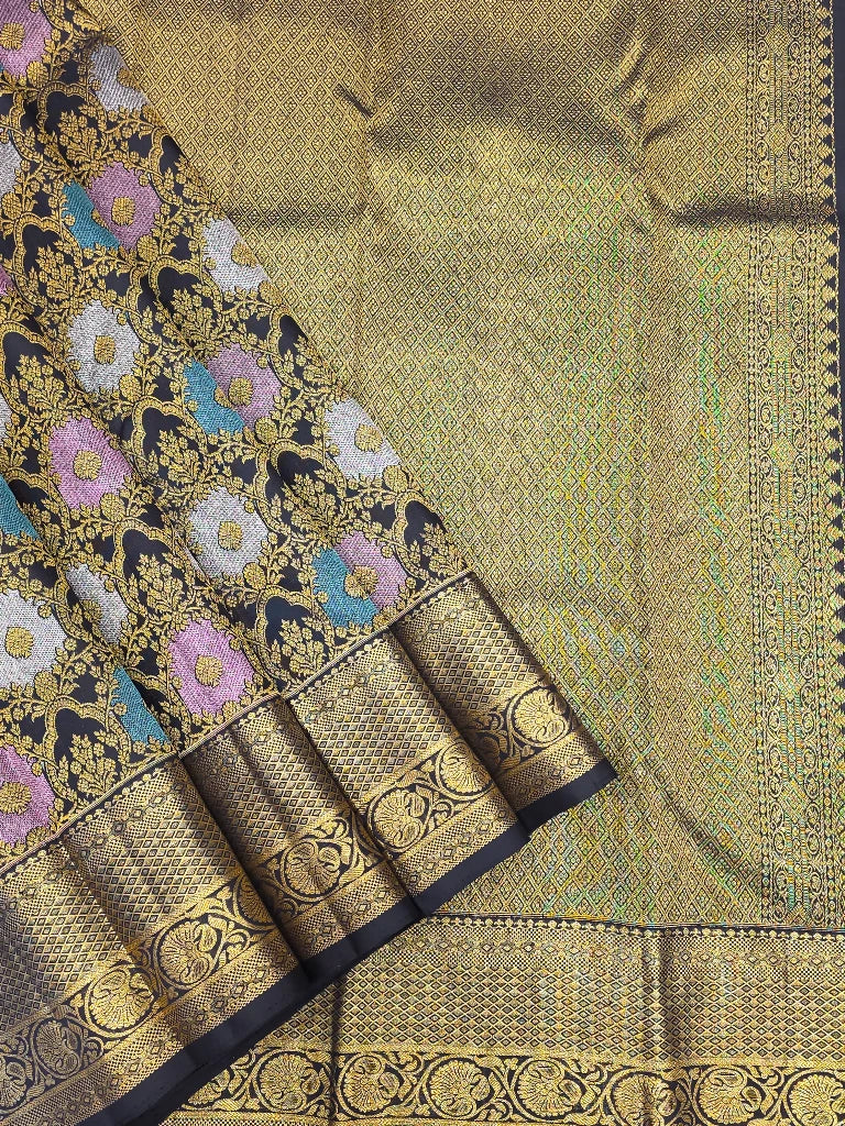 Royal Black Multicolor Floral Pure Kanchipuram Silk Saree with Rich Gold Zari Border | Bridal Silk Saree