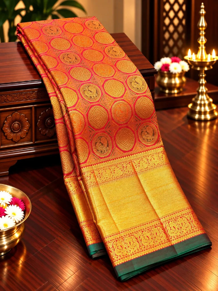Royal Maroon Gold Zari Pure Kanchipuram Silk Saree with Traditional Coin Motifs | Bridal Silk Saree